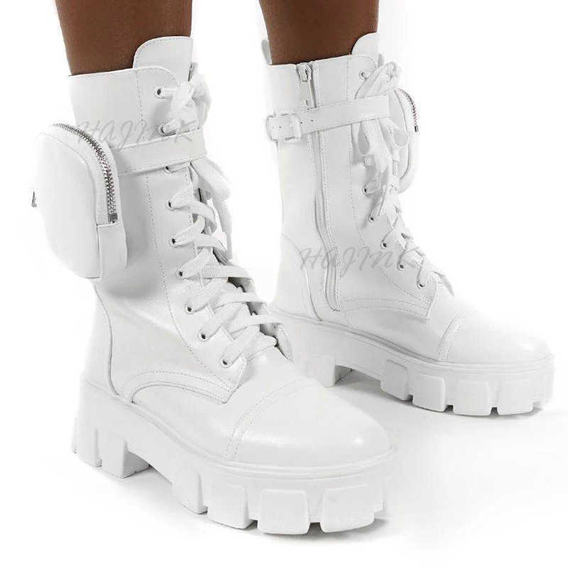 Women Boots Fashion Chunky Pocket Platform White Shoes For Autumn Winter High Heels Botas Mujer 210911