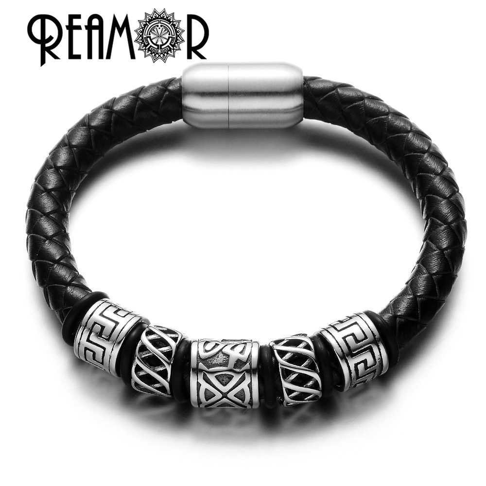 REAMOR Trendy Men Black Leather Bracelet 316l Stainless steel Viking Bead Bracelets with Strong Magnet Clasp 17-21cm 210918