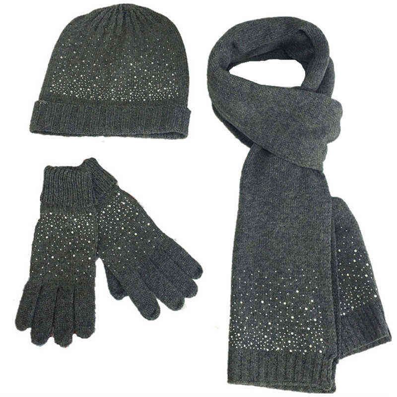 New Winter Women Wool Thick Hat Scarf Glove 3pcs Set Solid Knitted Hats Caps Neck Warmers Gloves with Acrylic Rhinestone
New Winter Women Wool Thick Hat Scarf Glove 3pcs Set Solid Knitted Hats Caps Neck Warmers Gloves with Acrylic Rhinestone
