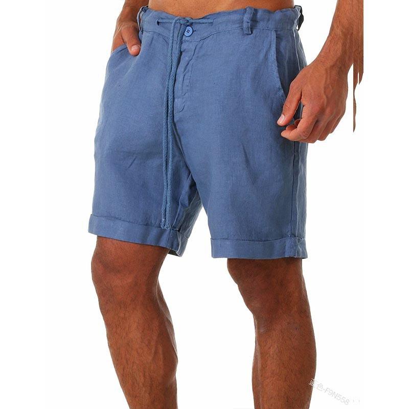 New Fashion Men Summer Casual Short Pants Solid Color Drawstring Elastic Waist Comfy Cotton Linen Shorts
