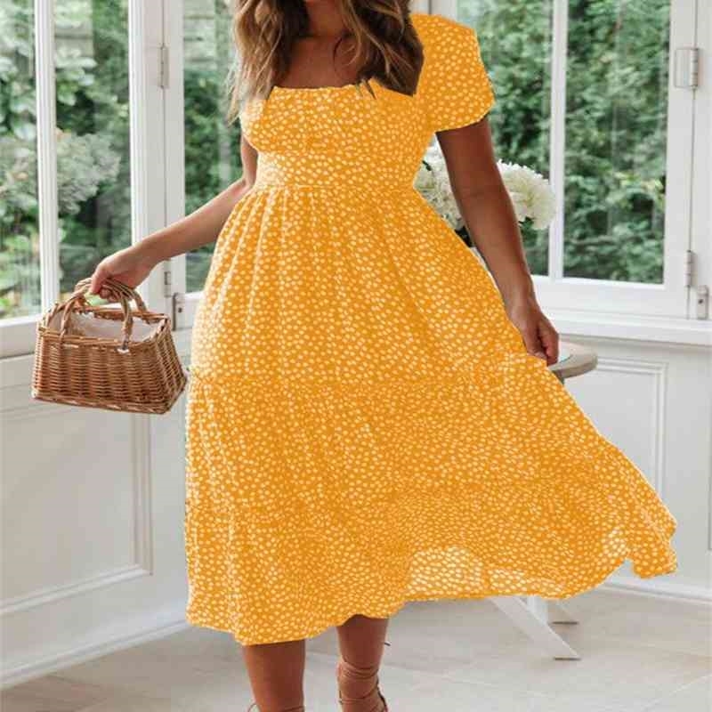 90s Ladies Square Neck Puff Sleeve Summer Floral Print Ruched Cake Dress Bohemia A-line Midi-length Tunic Casual Red Dance 210604