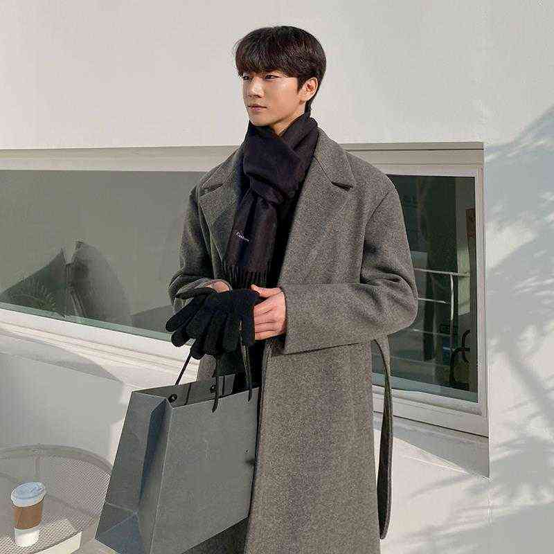 IEFB Korean Winter Woolen Overcoat Men's Long Style Trend Handsome Over Knee Thickening Medium Length Grey Coat With Belt 9Y8465 211122