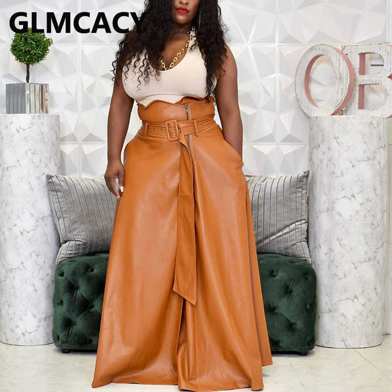 Women High Waist Buckle Belted PU Leather Skirt Elegant Party Maxi Skirts Bottoms 210621