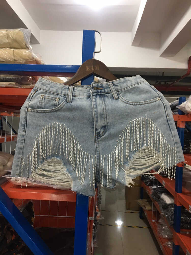 DEAT Spring Wear Heavy Tassels Nail Diamond Beads High All-match Thin Waist Denim Shorts Women AE32305 210611