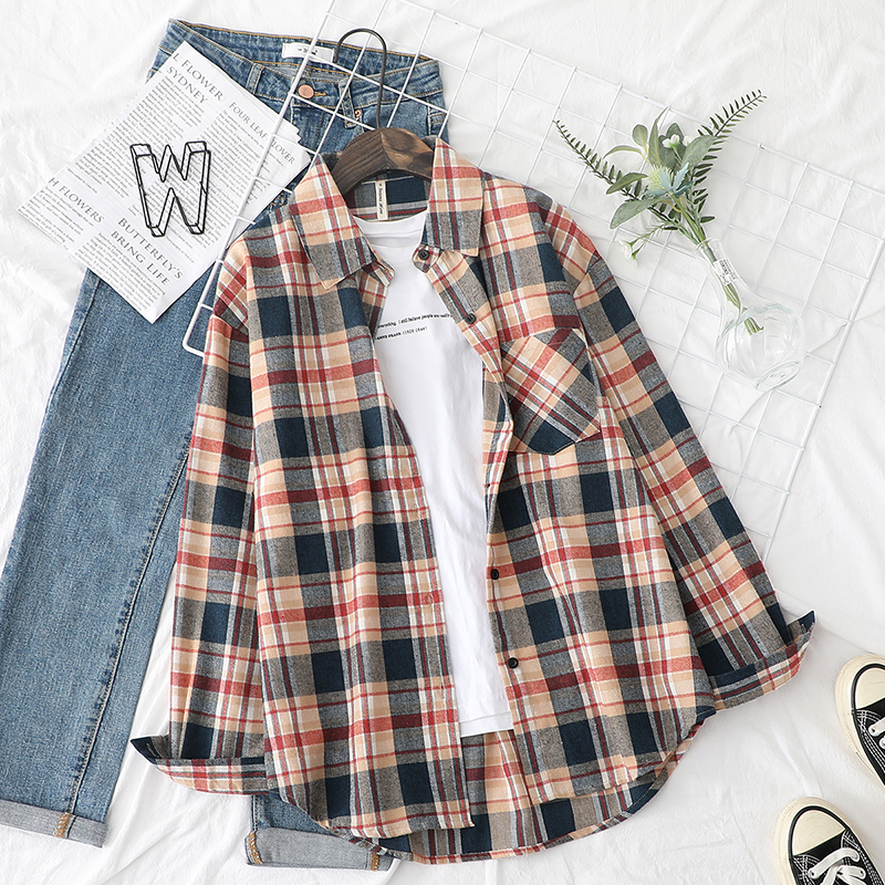 Plaid Shirts Womens Checked Blouses And Tops Long Sleeve Female Casual Print Shirt Loose Cotton Blusas Outwear Autumn News 210225