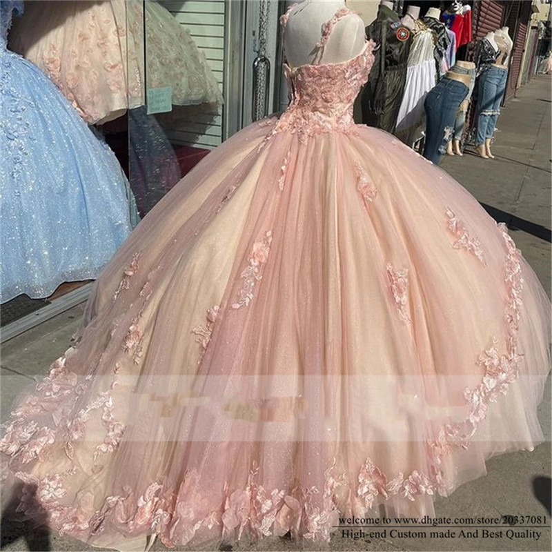 Quinceanera Dresses 2021 Pink Princess Party Prom Formal Spaghetti Strap Sweetheart Appliques Tulle Ball Gown Lace Up Vestidos De 15 Anos Q03
