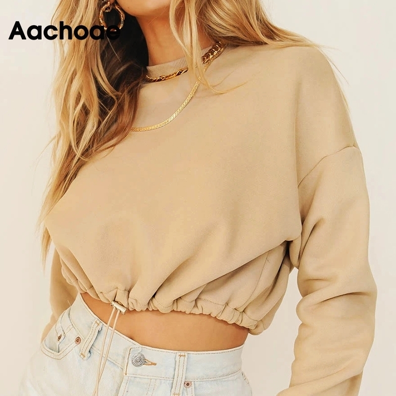 Aachoae Solid Casual Pullover Sweatshirt Women Batwing Long Sleeve Loose Sports Style Cropped Tops O Neck Tracksuit Hoodies Lady 201030