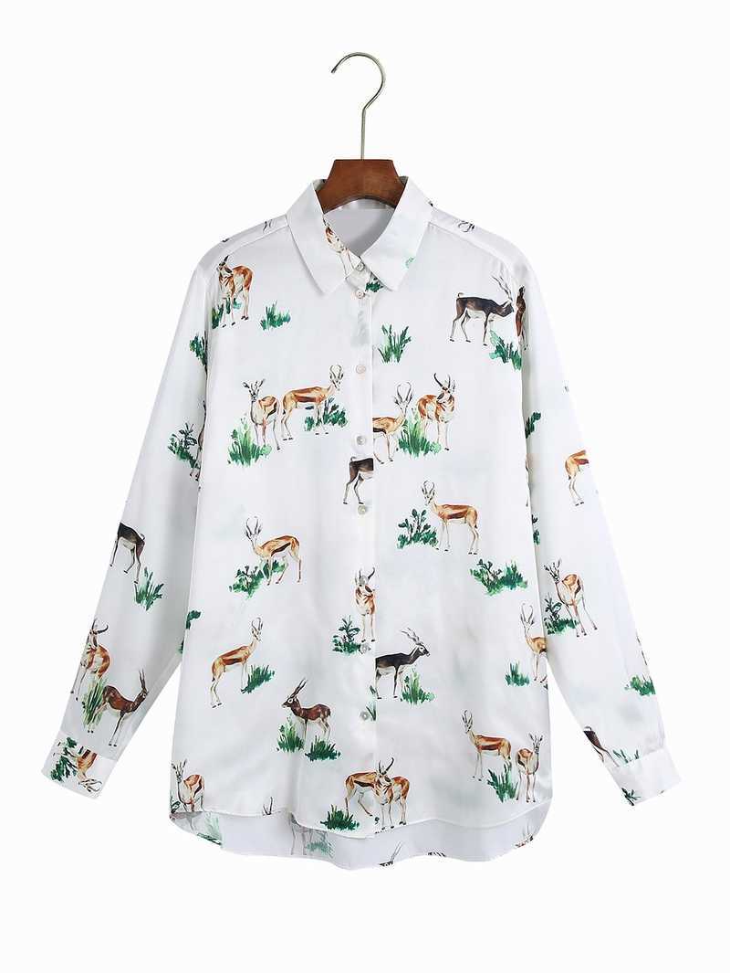 Women Loose Shirt Spring Fashion Long Sleeve Animal Deer Prints Modern Lady Blouse Wholesale Clothing 210602