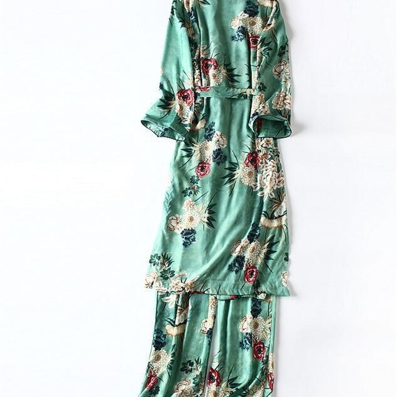 New Women Green Color Bathrobe Style Long Kimono Vintage Floral Printed Wide Leg Pant Ladies Retro Outfit T200716