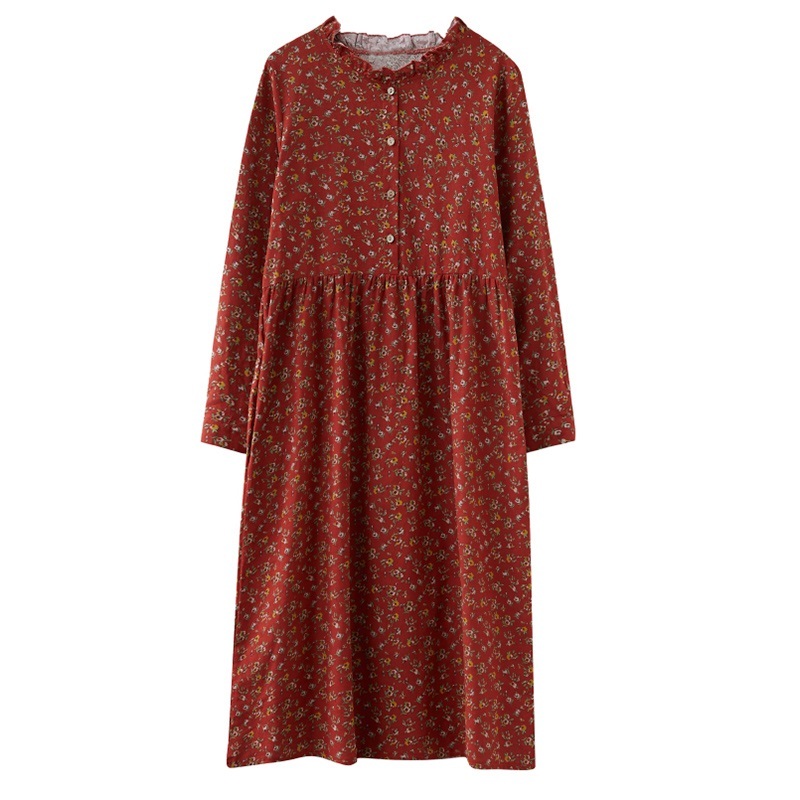 long sleeve plus size cotton linen ruffle vintage floral for women casual loose autumn dress elegant clothes ladies dresses 210309