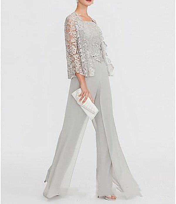 2021 Elegant Chiffon Mother Of The Bride Pants Suit With Short Lace Jacket Cheap Wedding Guest Dresses Women Beach Country Formal Party Wear