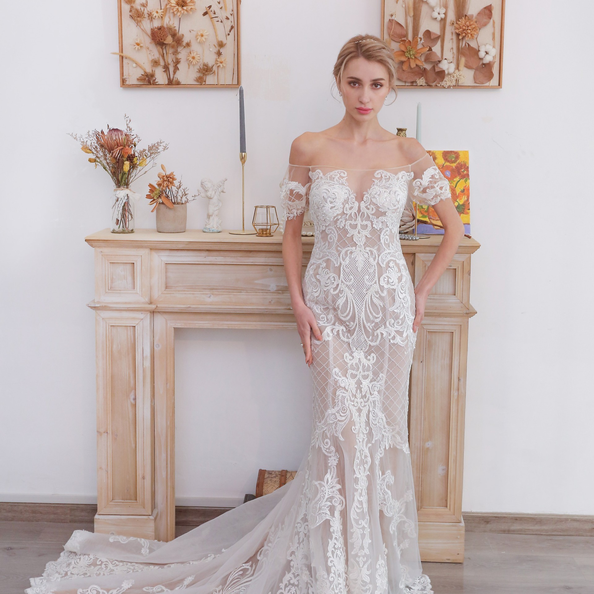 2022 Mermaid Wedding Dresses Off-shouder V-neck Custom made Appliques Race Sweep Train White Ivory Bridal Gowns