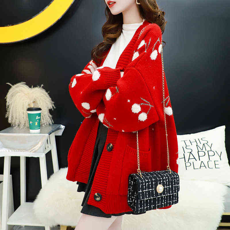 Autumn Fashion Cherries Embroidery Mid-length Cardigans Women V-Neck Bat sleeve Pocket Knitting Sweater Coat Loose Ladies Tops 211117