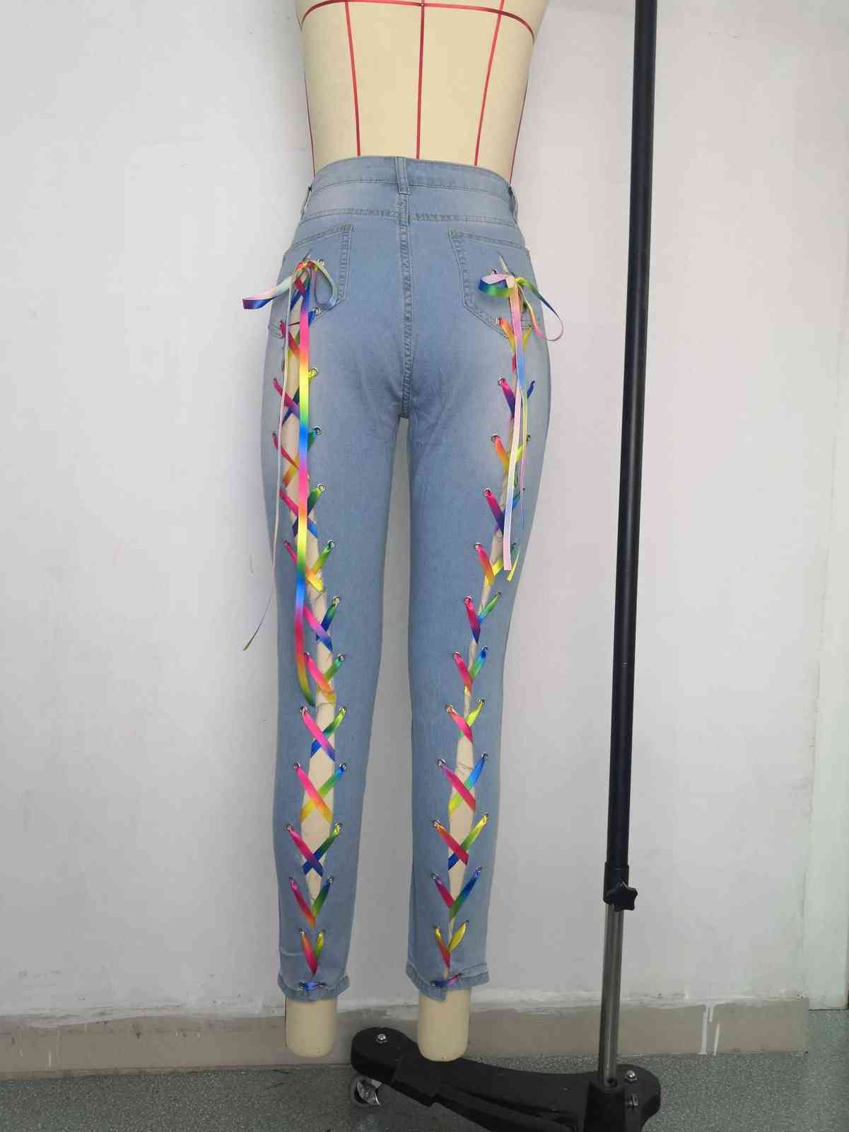 CM.YAYA Women Jeans Criss-cross Lace Up Hole Sheath Elastic High Waist Long Pencil Denim Pants Fashion Street Trousers 211129