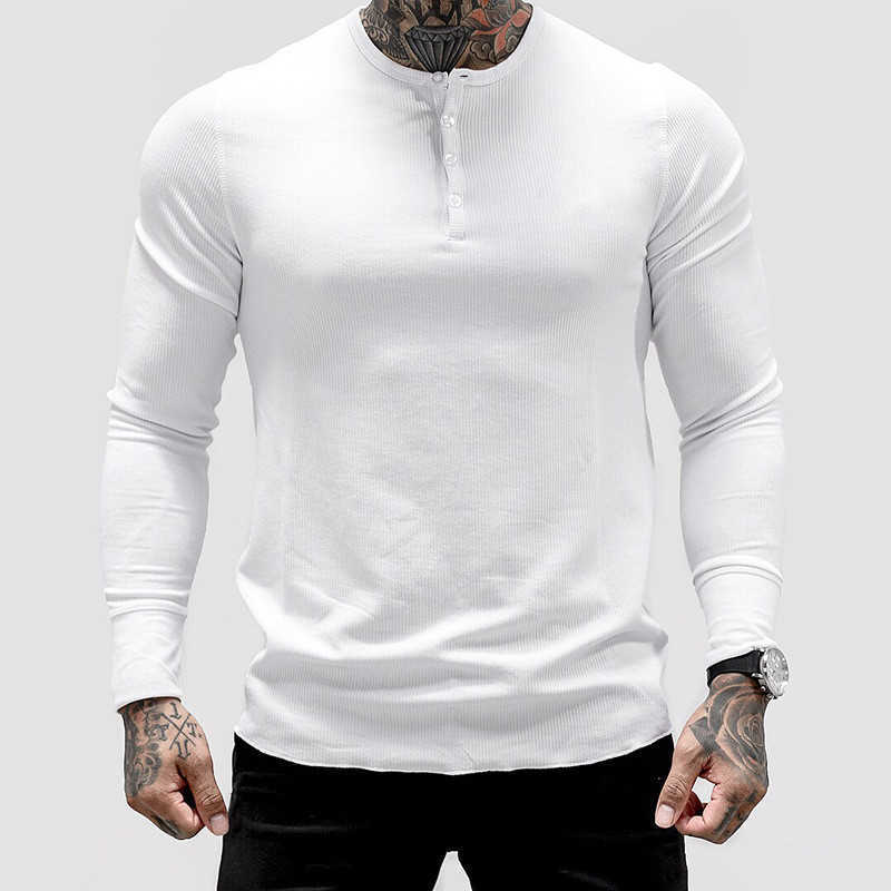 YEMEKE Men's Button collar Long-sleeved o-neck wear cotton slim shirt T-shirt fashion GYMS exercise breathable sportswear 210629