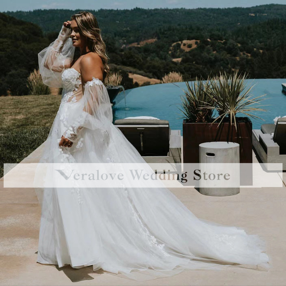 Elegant Lace Boho Wedding Dress 2022 Off Shoulder Long Sleeves Country Wedding Gowns Plus Size Women Robe De Mariée