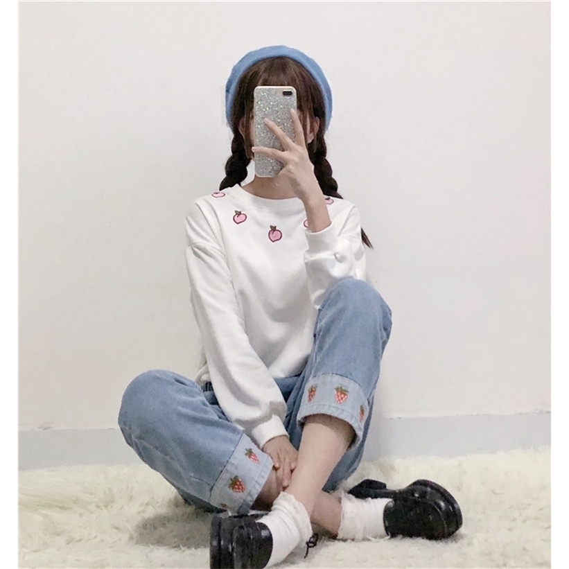 Merry Pretty Harajuku Women 2 piece Set Cotton Sweet Sweatshirt Peach Embroidery White Hoodies and strawberry denim pants sets 201212