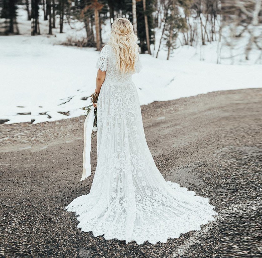 New Sumemr Beach Lace V-neck Short Sleeves Bride Wedding Dress 2021 Boho Chic Bridal Gowns Robe De Mariage Vestidos