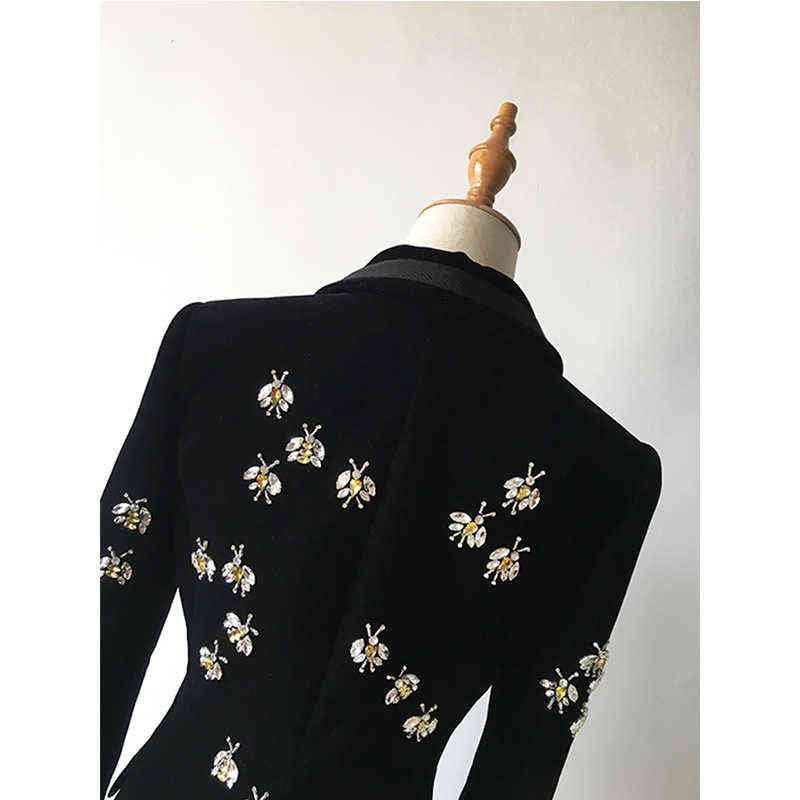 Top Fashion Women's High Street Luxury Black Velvet Blazers Notched Animal Bee Beading Fit Blazer Coat 211122