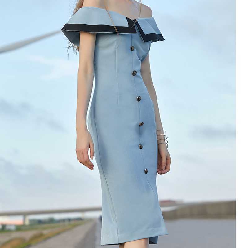 Summer Party Temperament Slash Neck Dresses for Women Fashion Sexy Button Split Elegant Fresh Vestido Feminino 210525