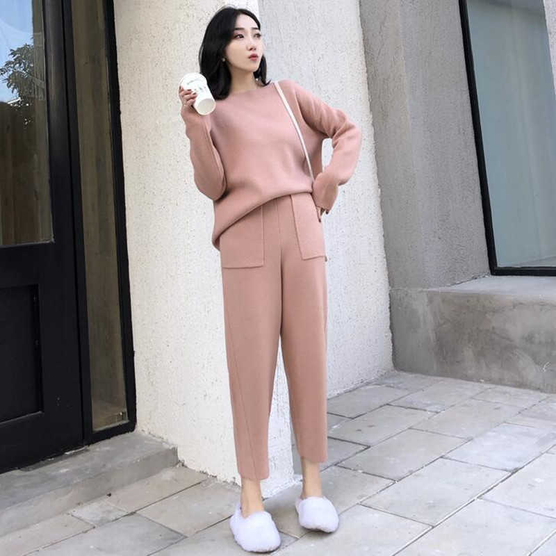 Knitted 2 pieces Set Tracksuits Women 2019 Autumn Winter Thick Warm O-neck Loose Sweater+Ankle-Length Pants Warm Cashmere Suit T191231