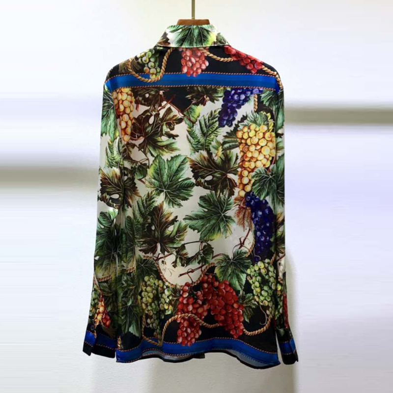 AELESEEN High Quality 100% TWILL SILK Shirts Spring Runway Fashion Grape Flower Print Office Ladies Party Elegant Blouse 210225