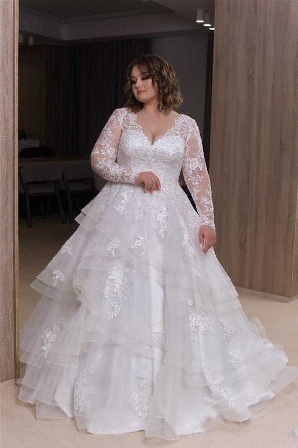 Modest Plus Size Wedding Dresses with Long Sleeve 2021 Full Lace Beaded Lace-up Back Tiers Skirt Bridal Gown Marriage Gowns