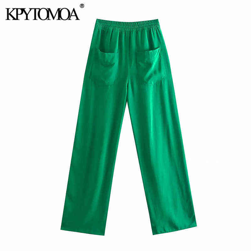 KPYTOMOA Women Chic Fashion Side Pockets Loose Wide Leg Pants Vintage High Elastic Waist Drawstring Female Trousers Mujer 211115