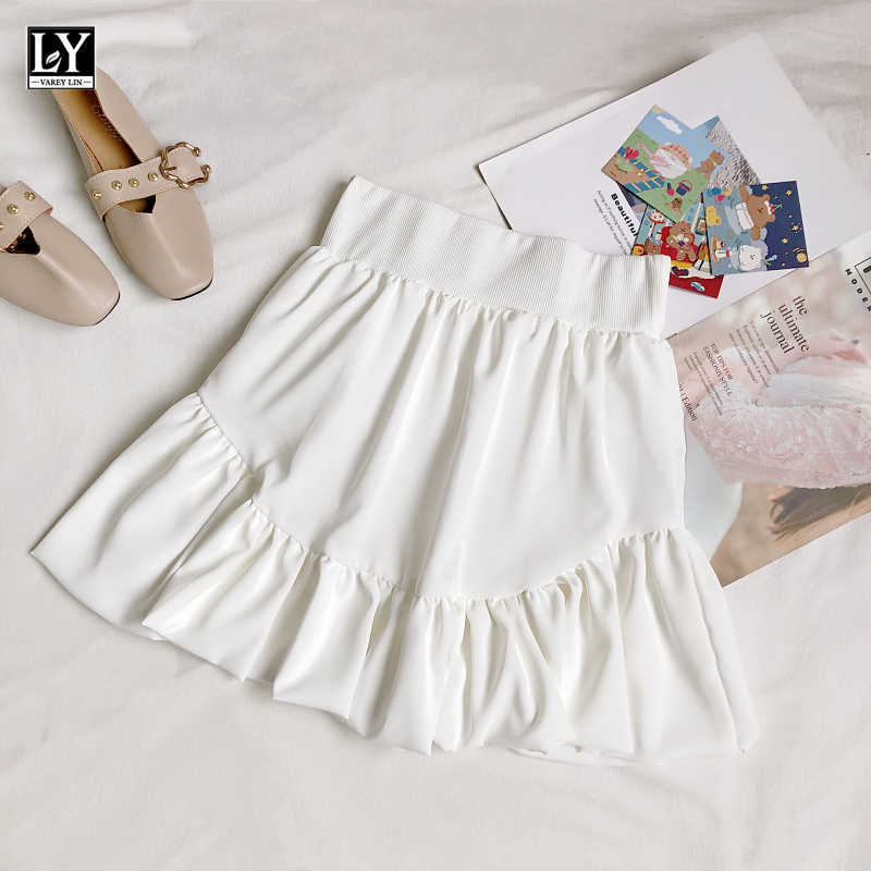LY VAREY LIN Summer Sweet Female Solid Color White A-line Bubble Skirts Women Casual High Waist Irregular Fold Mini 210526