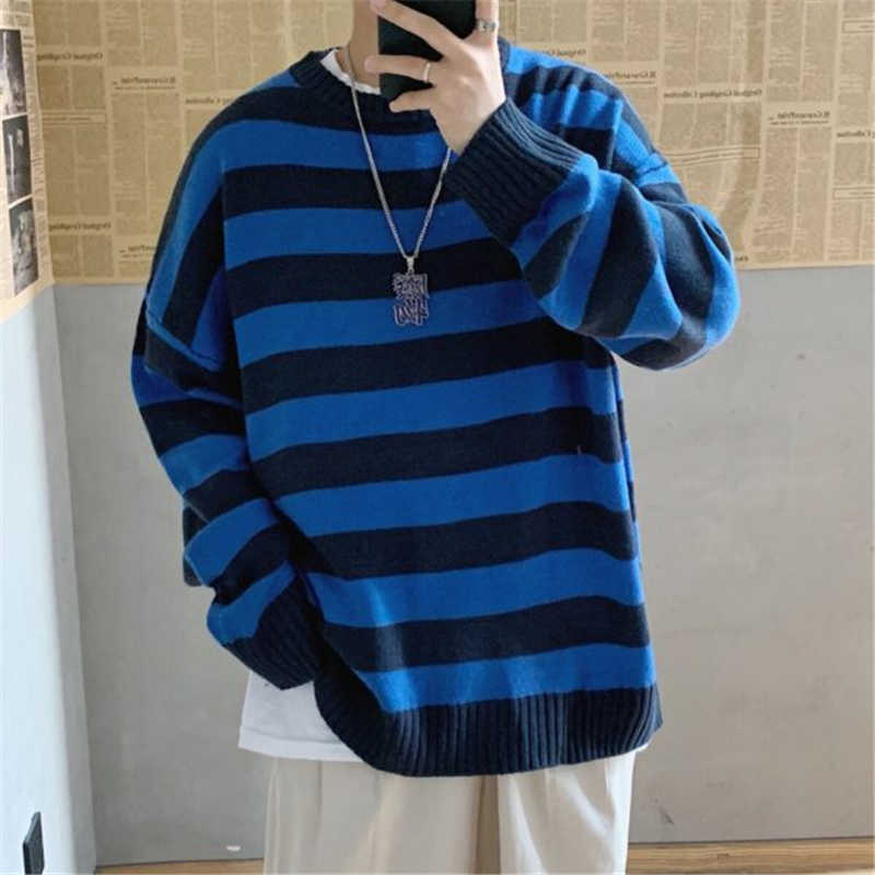 FOJAGANTO Men's Autumn Round Neck Sweater Korean Loose Casual Oversize Knit Pullover Youth Trend Fashion Striped Sweater Men 211008