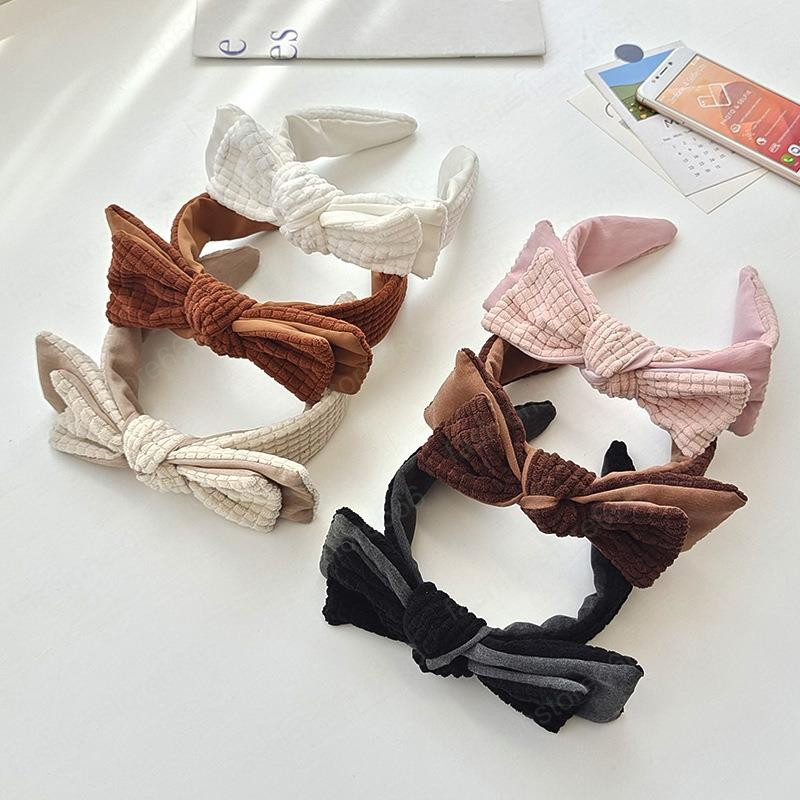 Korean Style Sweet Double Bow Headband Women Fashion All-match Face Wash Hair Hoops New Solid Color Headwear Hair Accessories