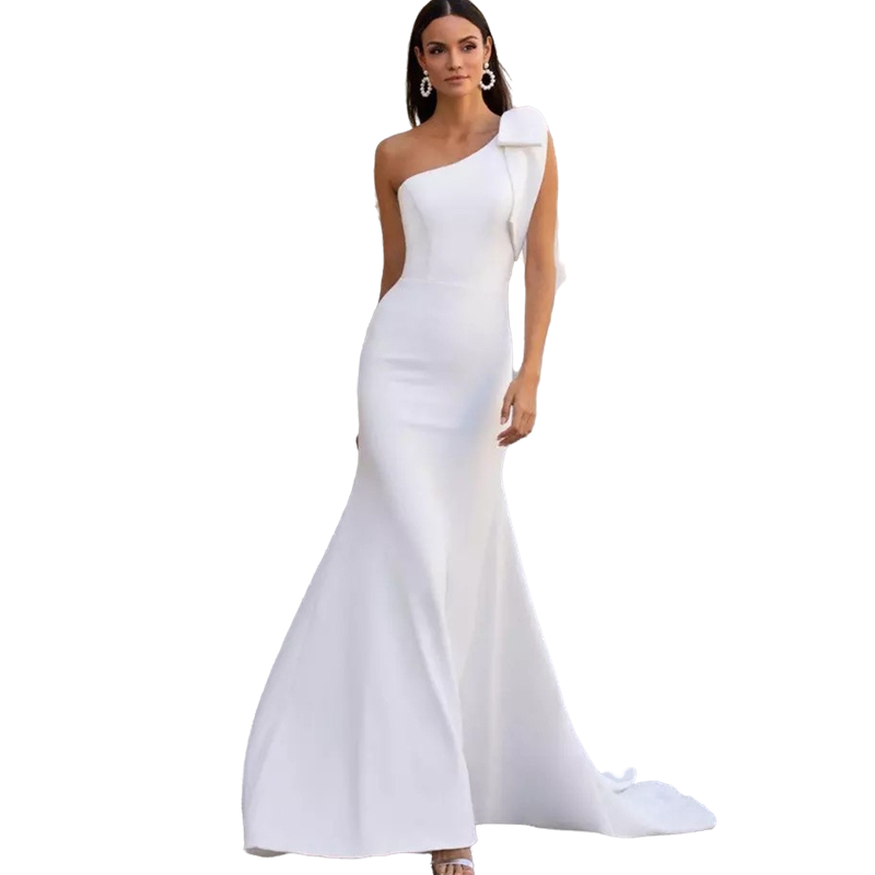 Elegant Bowknot One Shoulder Mermaid Wedding Dress For Bride 2022 Simple Bride Dresses Ivory Satin Long Bridal Formal Reception Gowns Robe de mariée