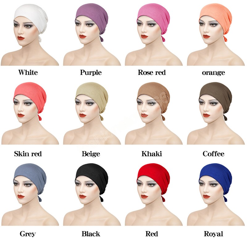 Fashion Muslim Inner Cap Stretch Hijab With Rope Adjustable Women Underscarf Solid Color Islamic Turban Headwear