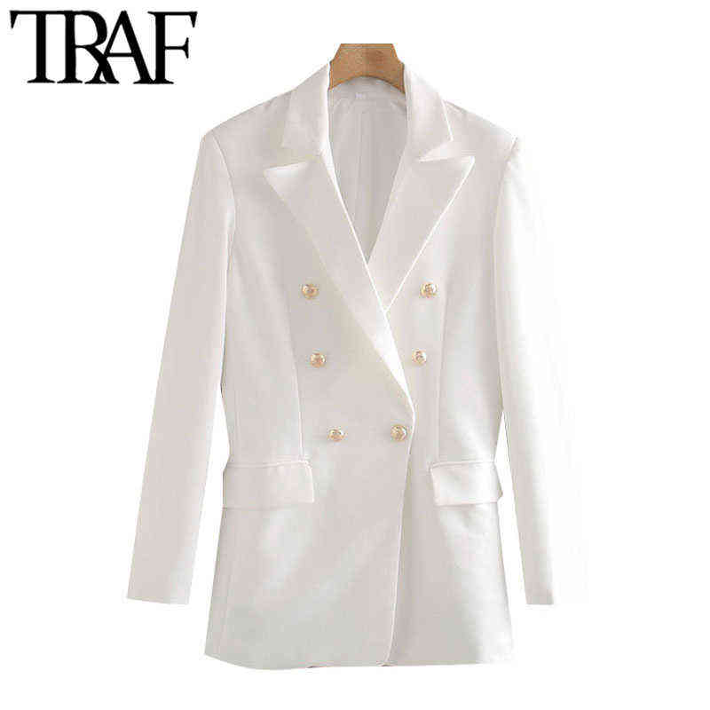 TRAF Women Fashion Office Wear Double Breasted Blazers Coat Vintage Long Sleeve Pockets Female Outerwear Chic Tops 211122