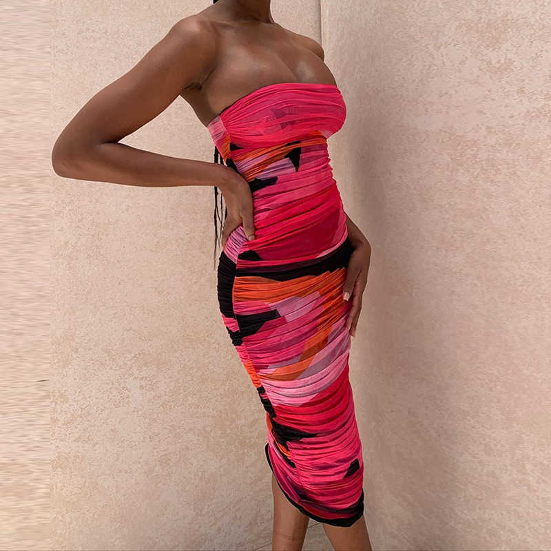 Colysmo Print Mesh Dress Women Sexy Off Shoulder Ruched Bodycon es Summer Slim Fit Beach Club Wear Party Midi 210527
