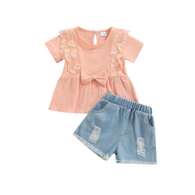 Clothing Sets Little Girls 2PCS Pants Set, Plain Color Bow Lace Pleated Crew Neck Tops, Short Frayed Ripped Denim Pants, Summer Casual Wears, White
Clothing Sets Little Girls 2PCS Pants Set, Plain Color Bow Lace Pleated Crew Neck Tops, Short Frayed Ripped Denim Pants, Summer Casual Wears, White