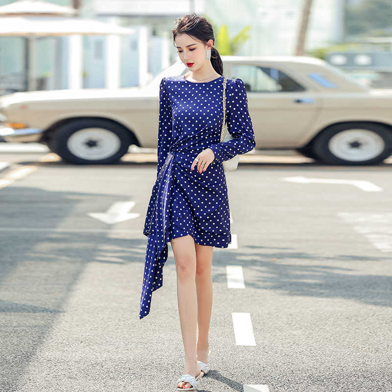 France style retro Women's dresses dot printing satin dress Spring Summer elegant female dress 210702