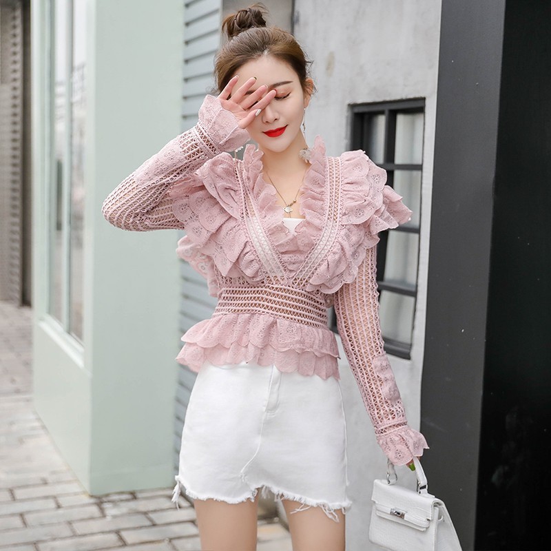 2021 New Runway Self Portrait Women Lace Hollow Out Layers Ruffles Shirt Blusas Vintage Sexy Ladies Blouse Flare Sleeve Tops 210225