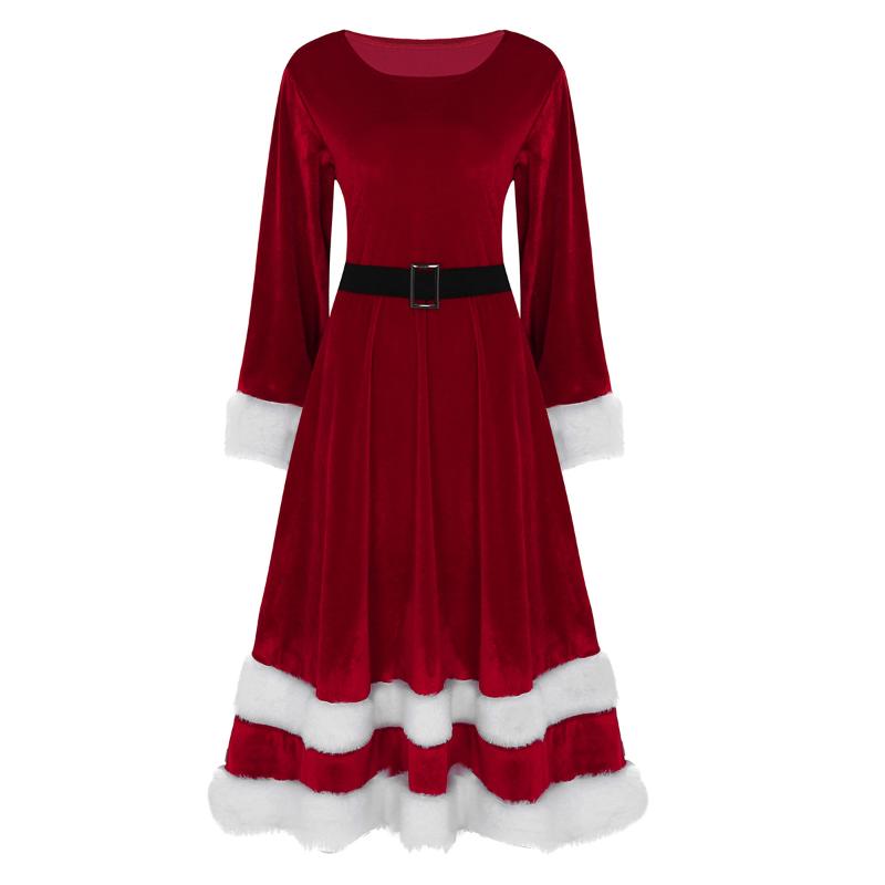 Casual Dresses Women Soft Velvet Long Sleeve Red Green Christmas Costume Dress Adult Ladies Mrs Santa Claus Xmas Fancy Cosplay Party Up