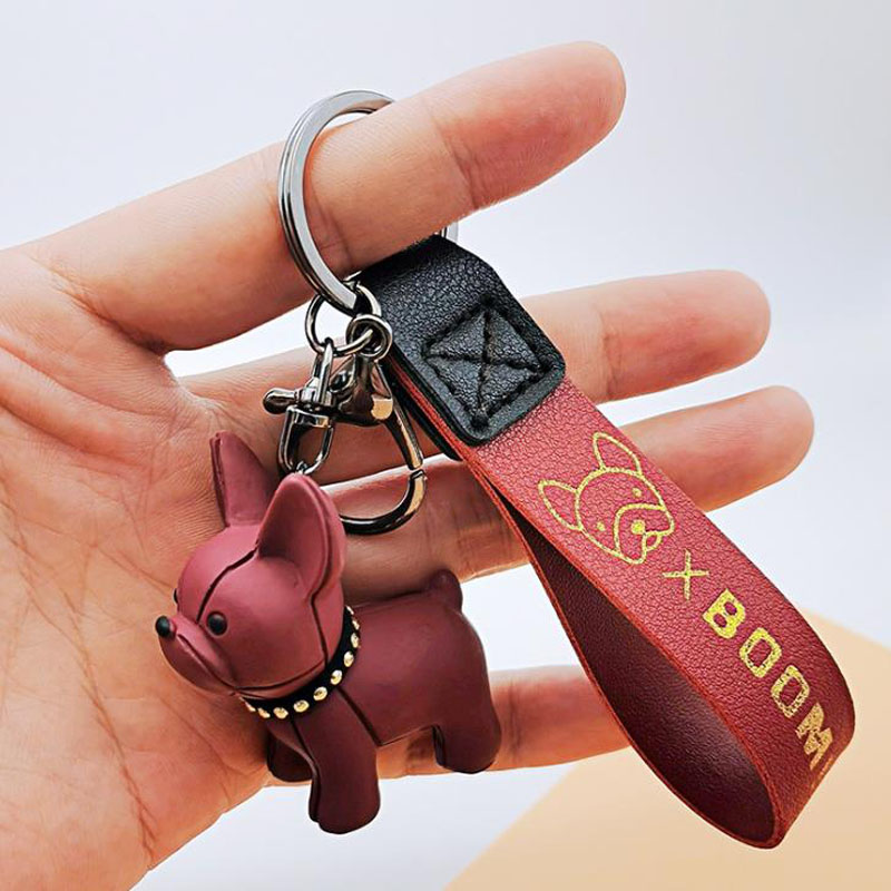 Cartoon Fighting Dog Keychain for Women Man Pendant Car Leather Key Ring Christmas Gift