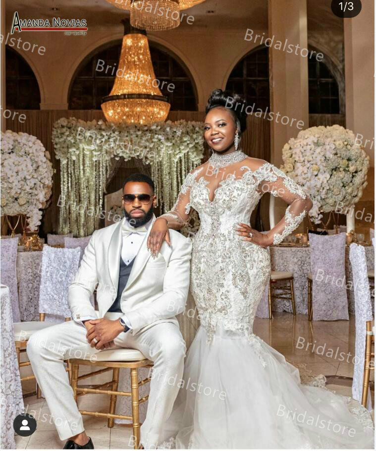 Luxury African Crystal Mermaid Wedding Dresses 2021 Plus Size High Neck Long Sleeve Nigerian Country Church Wedding Dress Bridal Gowns