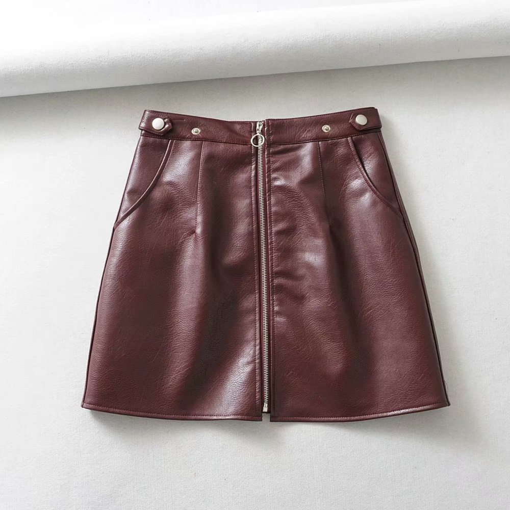 early spring European and American style womens wholesale high waist pocket zipper PU leather skirt high quality 210306
