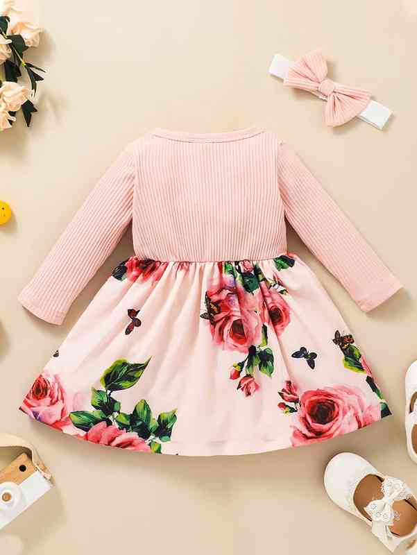 Baby Floral Schiffy Trim Bow Front Dress With Headband SHE