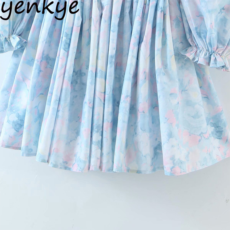 Elegant Women Floral Print Party Dress Sexy Puff Sleeve A-line Mini Square Neck Dress Spring Autumn Short Vestido 210309