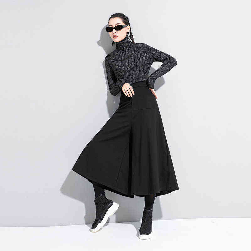 [EAM] High Elastic Waist Black Brief Long Wide Leg Trousers Loose Fit Pants Women Fashion Spring Autumn 1DA610 211115
