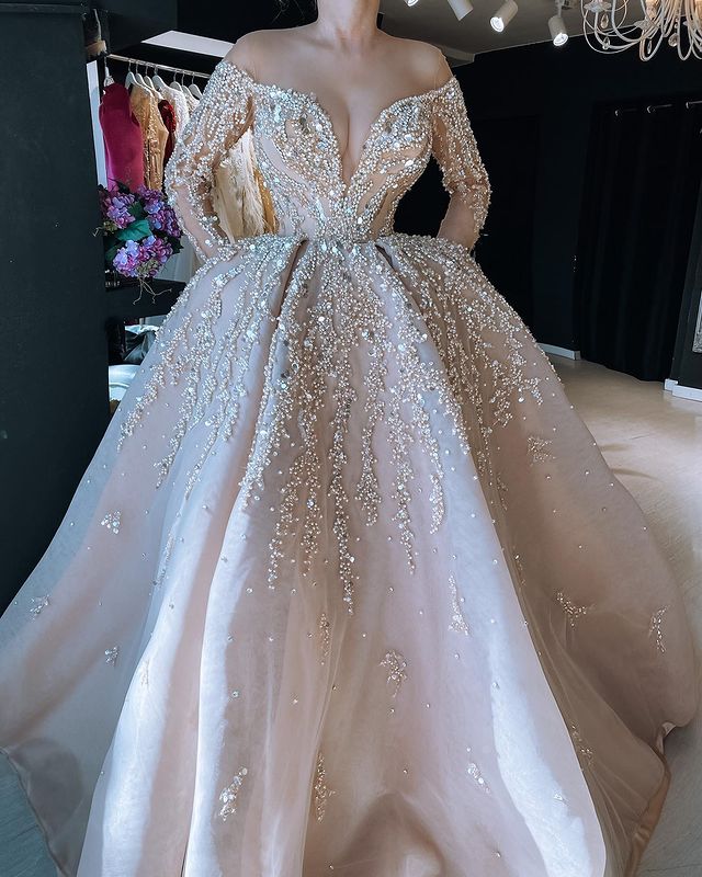 2022 Plus Size Arabic Aso Ebi Luxurious Pearls Sexy Prom Dresses Sheer Neck Long Sleeves Evening Formal Party Second Reception Gowns Dress ZJ111