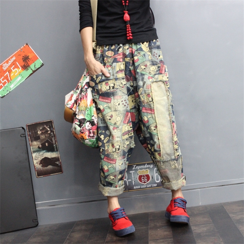 Pants Female Summer Plus Size Women Spring Harem Pants Print Loose Trousers High Elastic Waist Boyfriend Jeans Woman Korean T200521