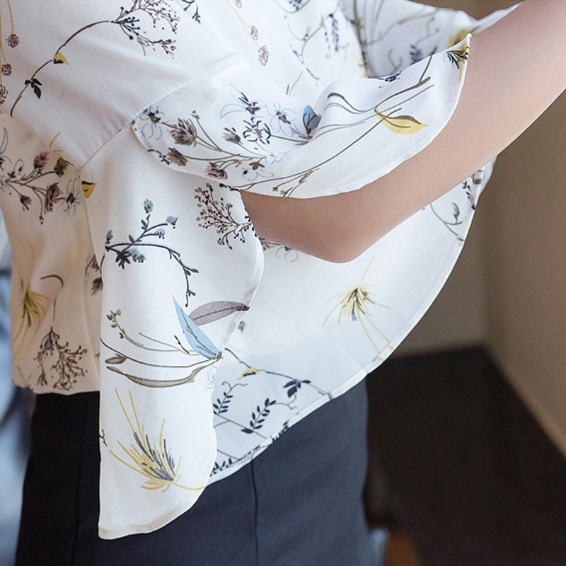 RibbonFish Women Summer Style Flower Printed Blouses Shirts Lady Casual Short Flare Sleeve Bow Tie V-Neck Blusas DD1504 210225