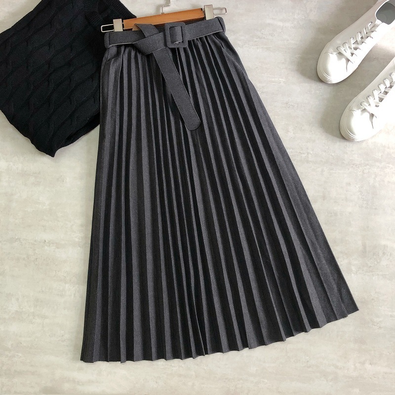 Autumn Winter korean High Waist Skirt Woolen with belt Pleated Skirt Thickened Woolen Herringbone A line Skirt women 210306