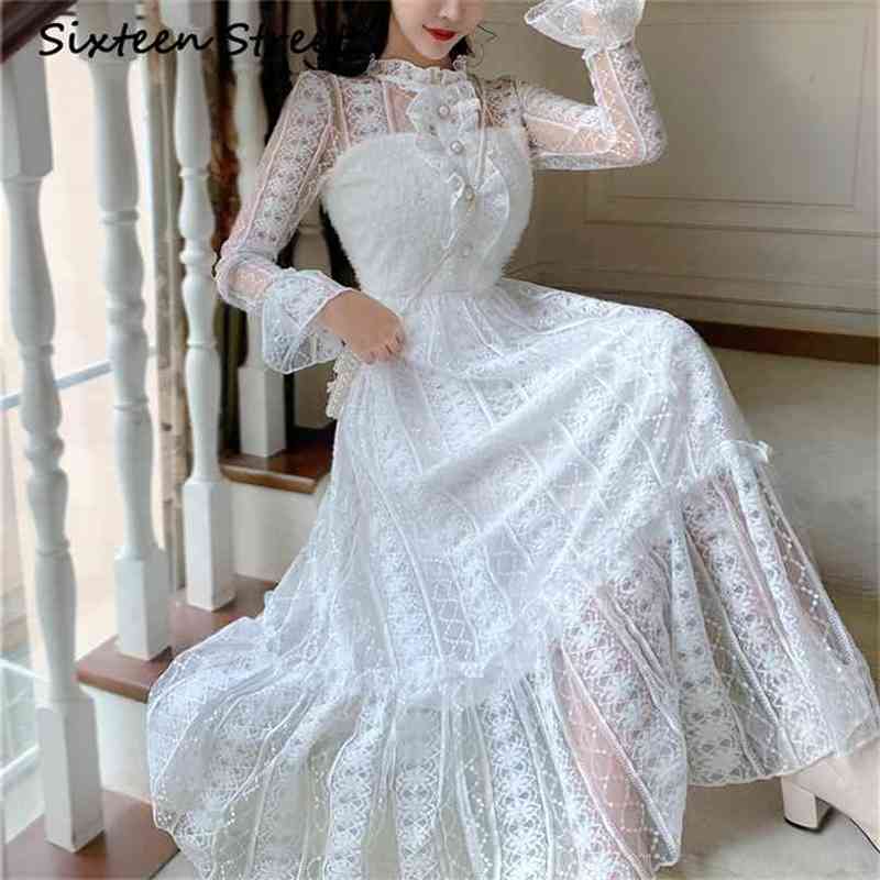 Woman's Dress White Lace patchwork long sleeve sweet casual maxi dress female party autumn vestido beading button 210603
Woman's Dress White Lace patchwork long sleeve sweet casual maxi dress female party autumn vestido beading button 210603
